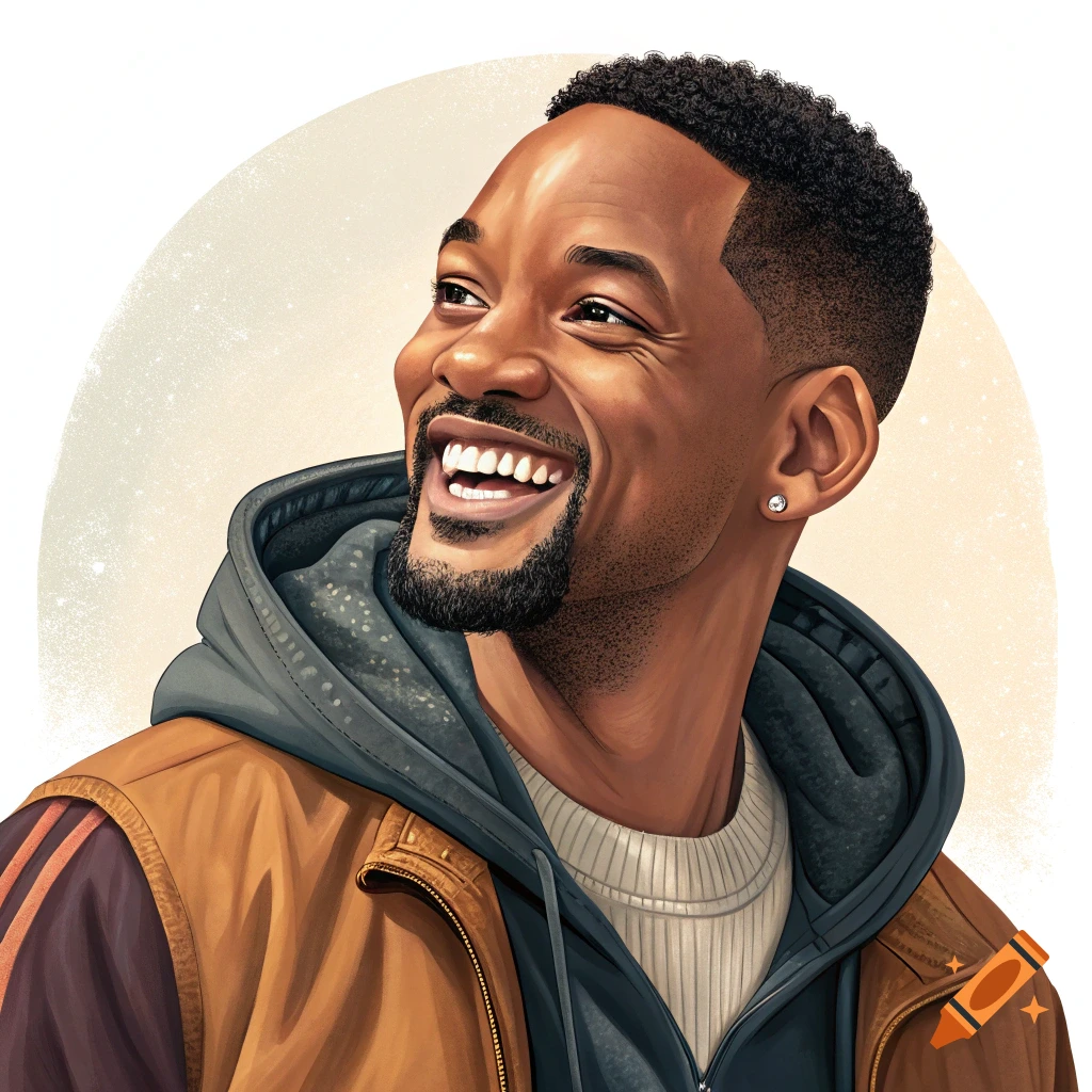Digital illustration of Will Smith smiling and looking up, wearing a brown jacket and grey hoodie.