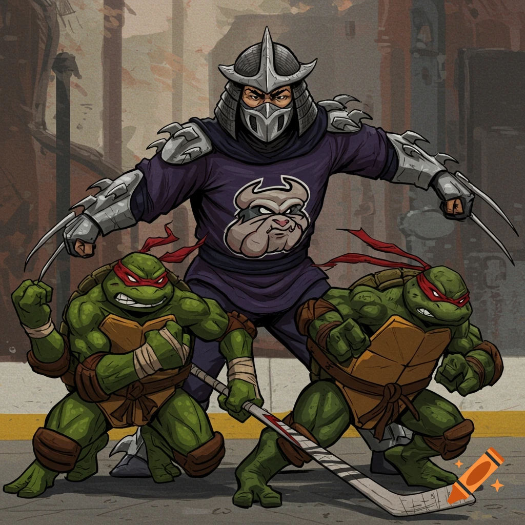 Shredder in a purple jersey with a bulldog logo stands with two Teenage Mutant Ninja Turtles, one holding a hockey stick, in a cartoon style.