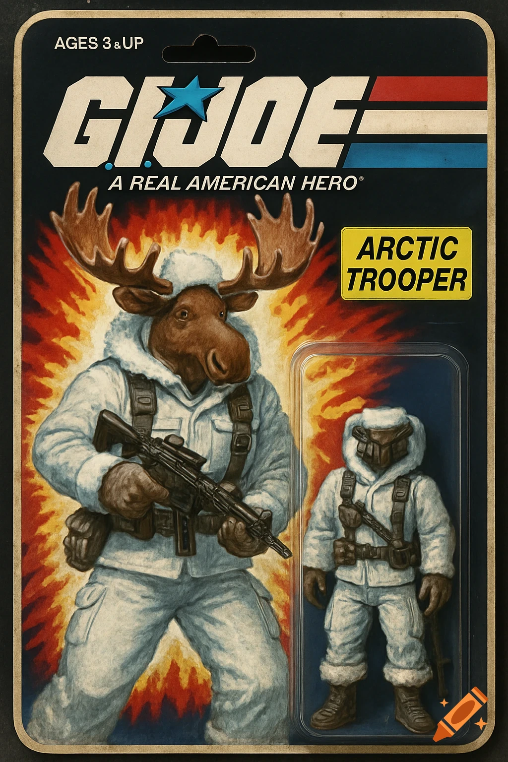 Vintage G.I. Joe 'Arctic Trooper' action figure package with a moose in uniform, holding a rifle, and a toy inside a blister pack.