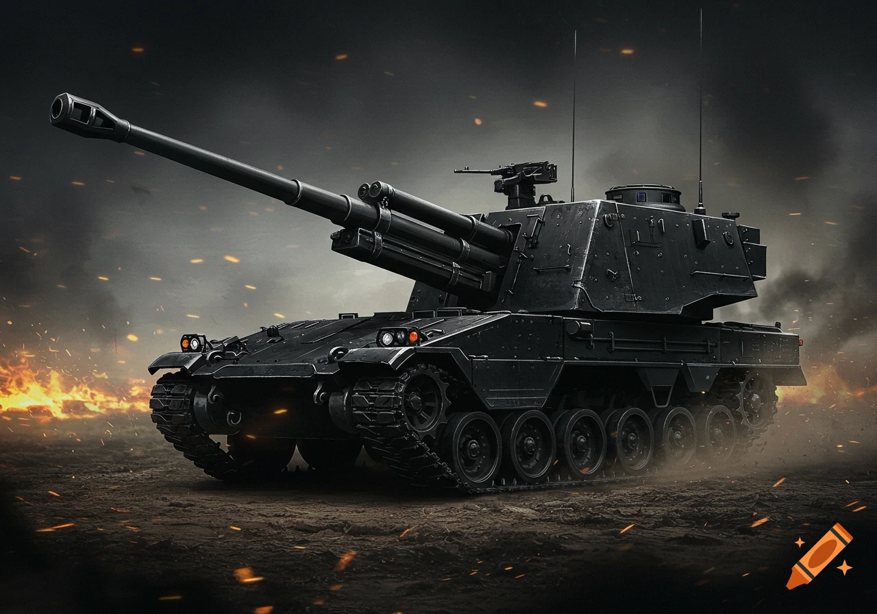 A photorealistic image of a jet black self-propelled artillery tank on a smoky, fiery battlefield with glowing embers.