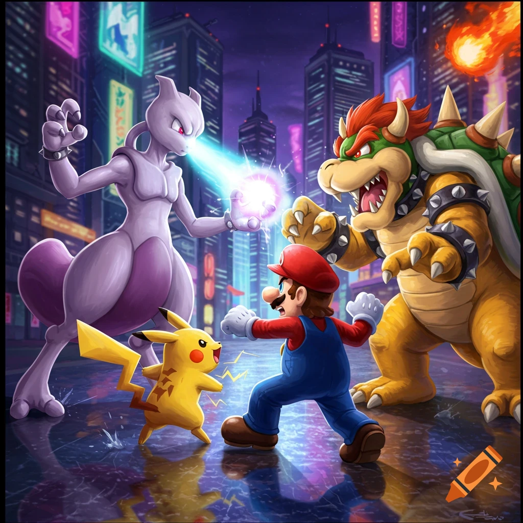 Mario, Pikachu, Mewtwo, and Bowser in a dynamic battle scene on a city street at night, with neon lights in the background.