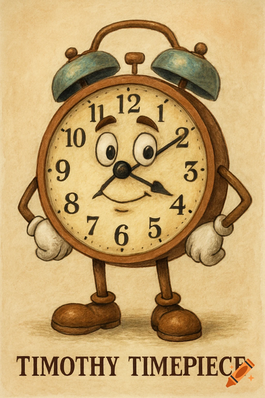 A cartoon alarm clock character named Timothy Timepiece, standing with a happy face on its clock dial, wearing gloves and shoes, in a hand-drawn style.