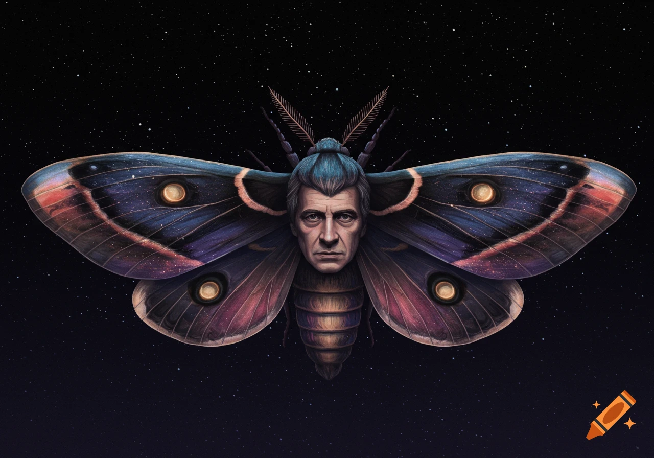 A large moth with blue and purple galaxy-patterned wings and a realistic man's head, set against a dark starry background.