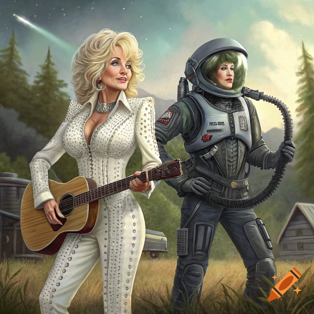 Dolly Parton in a white bedazzled jumpsuit with a guitar stands next to Ripley in a detailed space suit, outdoors with a comet in the sky.