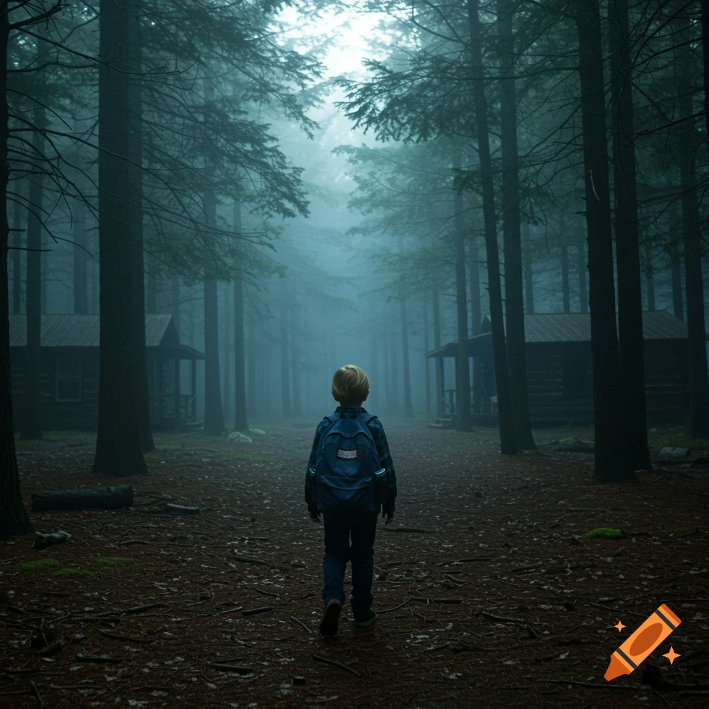 Blonde boy in a blue backpack walks away into a dark, misty forest with cabins, evoking a horror movie scene.
