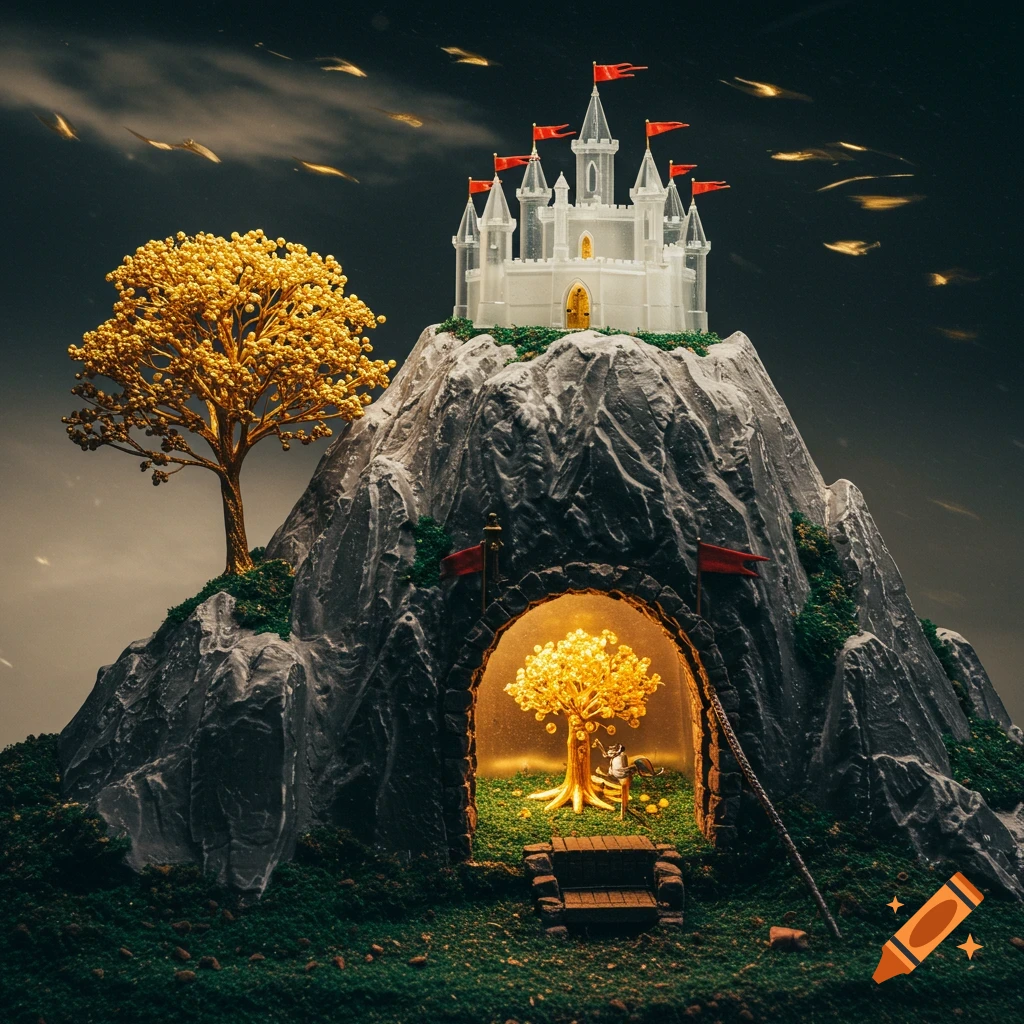 A miniature fantasy landscape featuring a white castle with red flags atop a rocky mountain, with a golden tree and an illuminated cave entrance at its base.