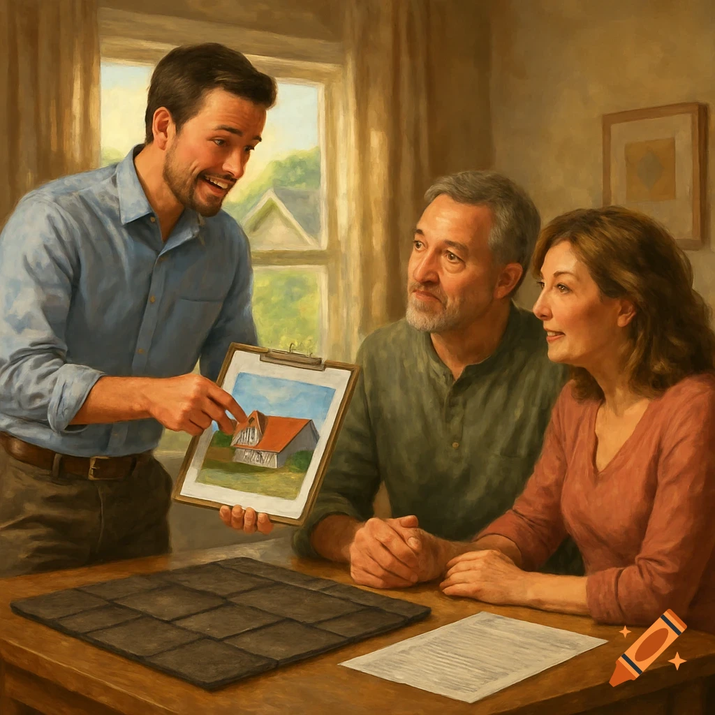 A smiling man presents a drawing of a house to a couple at a table with roofing samples and papers.