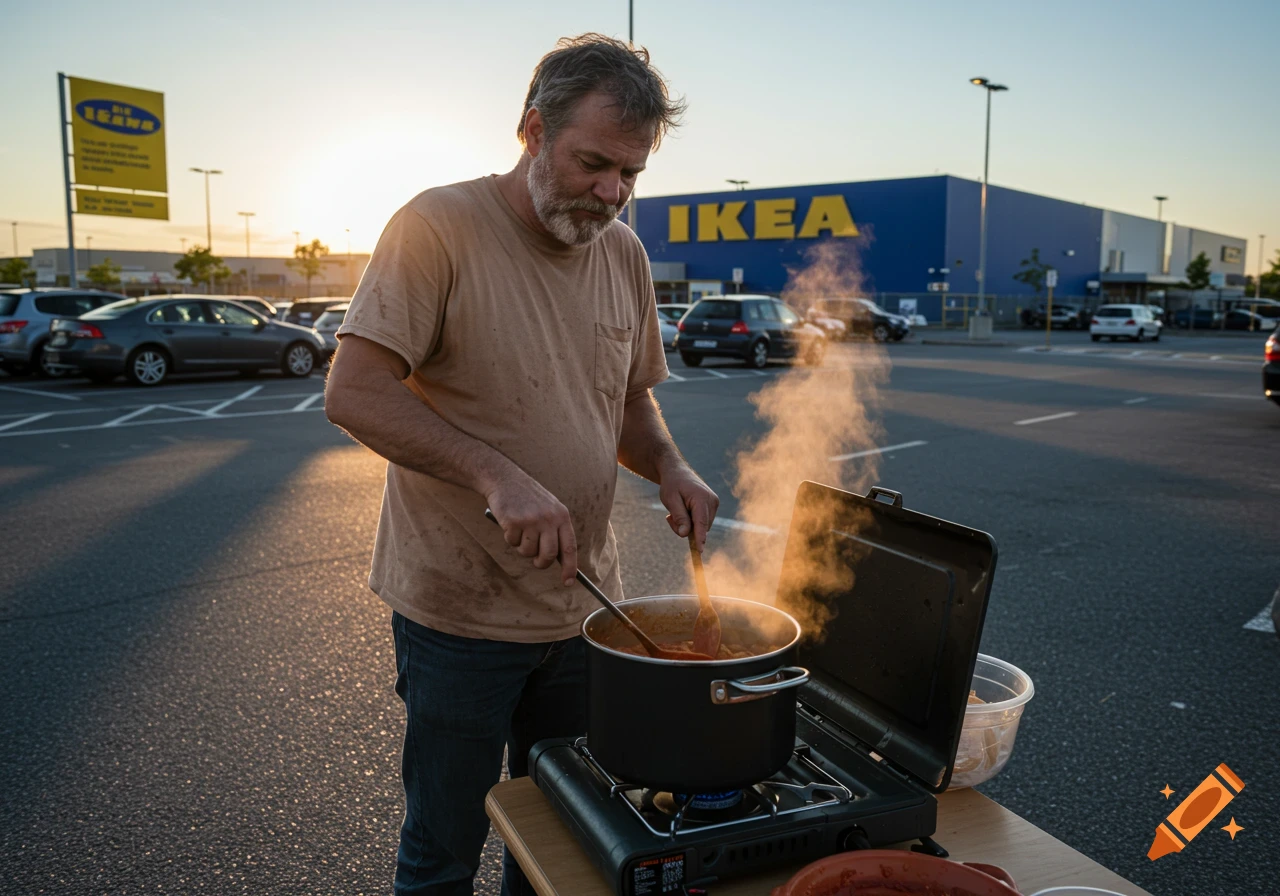 A man cooks pasta on a portable stove in the parking lot of an IKEA store at sunset.