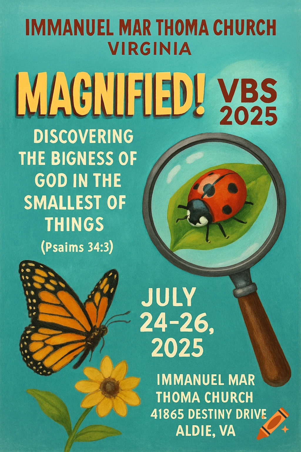 A colorful VBS flyer for Immanuel Mar Thoma Church, themed 'Magnified!' It shows a magnifying glass over a ladybug, a monarch butterfly, and a yellow flower on a teal background, with event details.