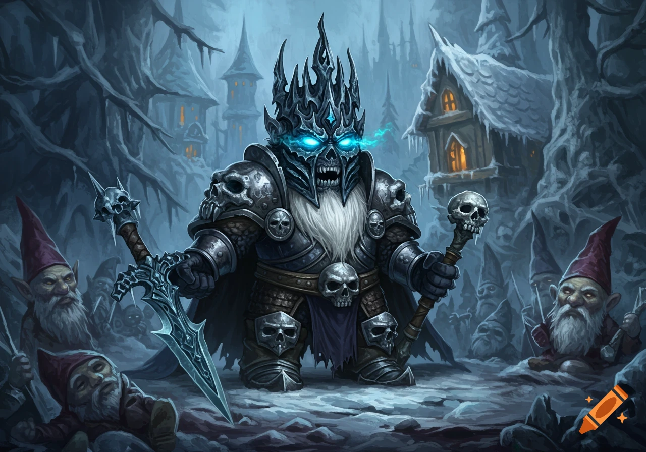 A menacing gnome-like Lich King in skull armor with glowing blue eyes holds a sword and staff amidst fallen gnomes in a dark, snowy fantasy landscape.