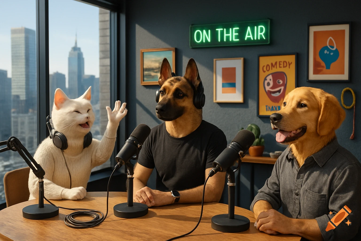 Photorealistic image of anthropomorphic cat, German Shepherd, and Golden Retriever hosting a podcast in a studio with city views.