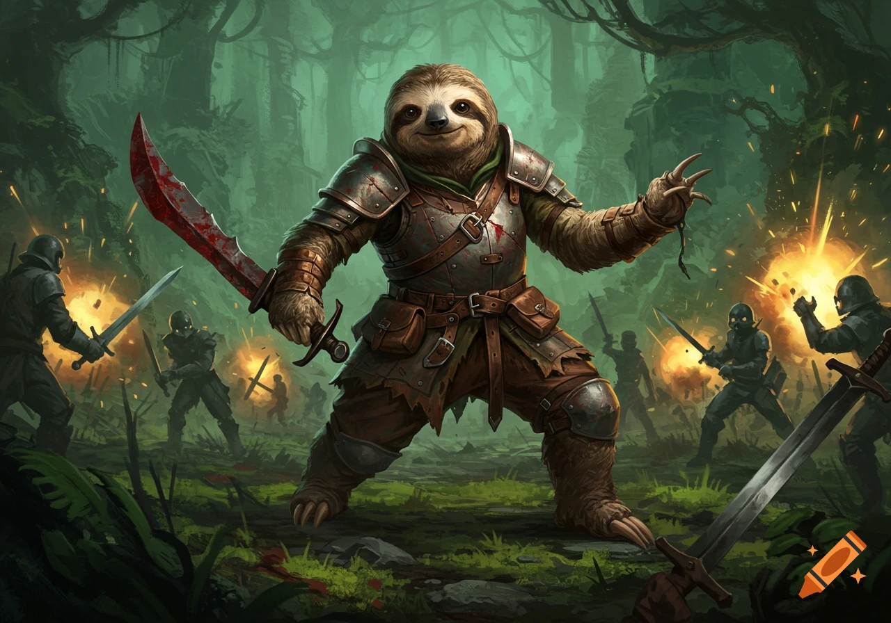 A sloth warrior in medieval armor holds a bloody sword amidst an explosive battle in a dark fantasy forest.