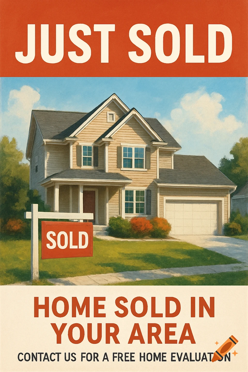 A real estate flyer illustration of a house with a 'SOLD' sign, promoting home sales and evaluations.