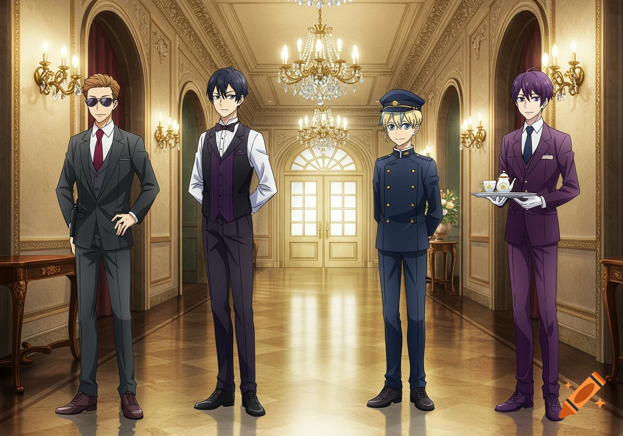 Four anime men in suits and uniforms stand in a grand, ornate mansion hallway.