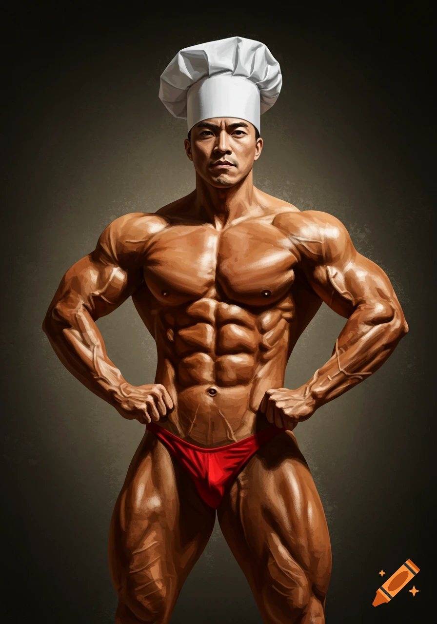 A very muscular man in a white chef's hat and red briefs poses with hands on hips, looking directly forward.