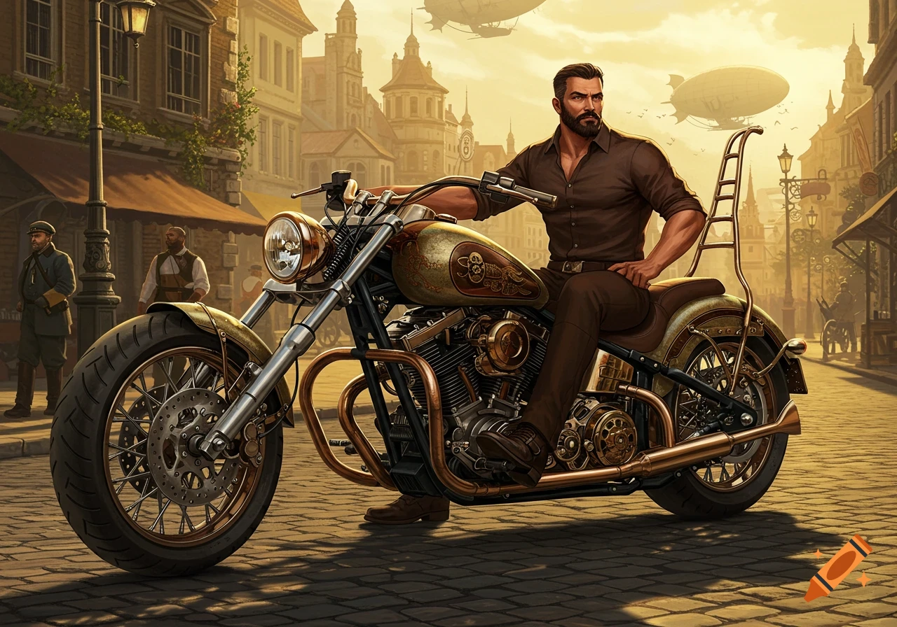 A muscular man sits on a steampunk low rider motorcycle on a cobbled street in an old city, with airships in the golden sky.
