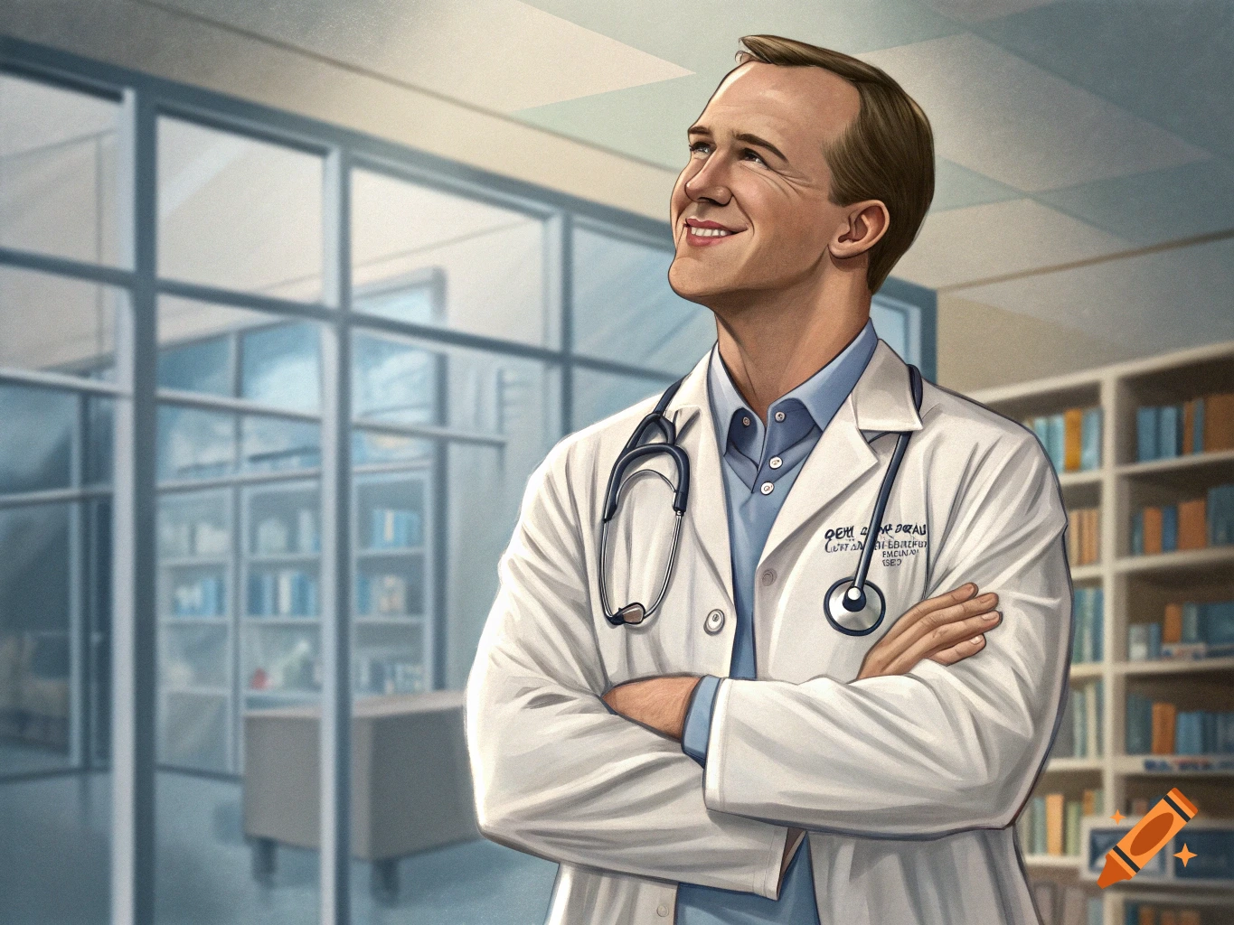 A man resembling Peyton Manning smiles while wearing a white doctor's coat and a stethoscope, arms crossed, in a bright clinic setting.