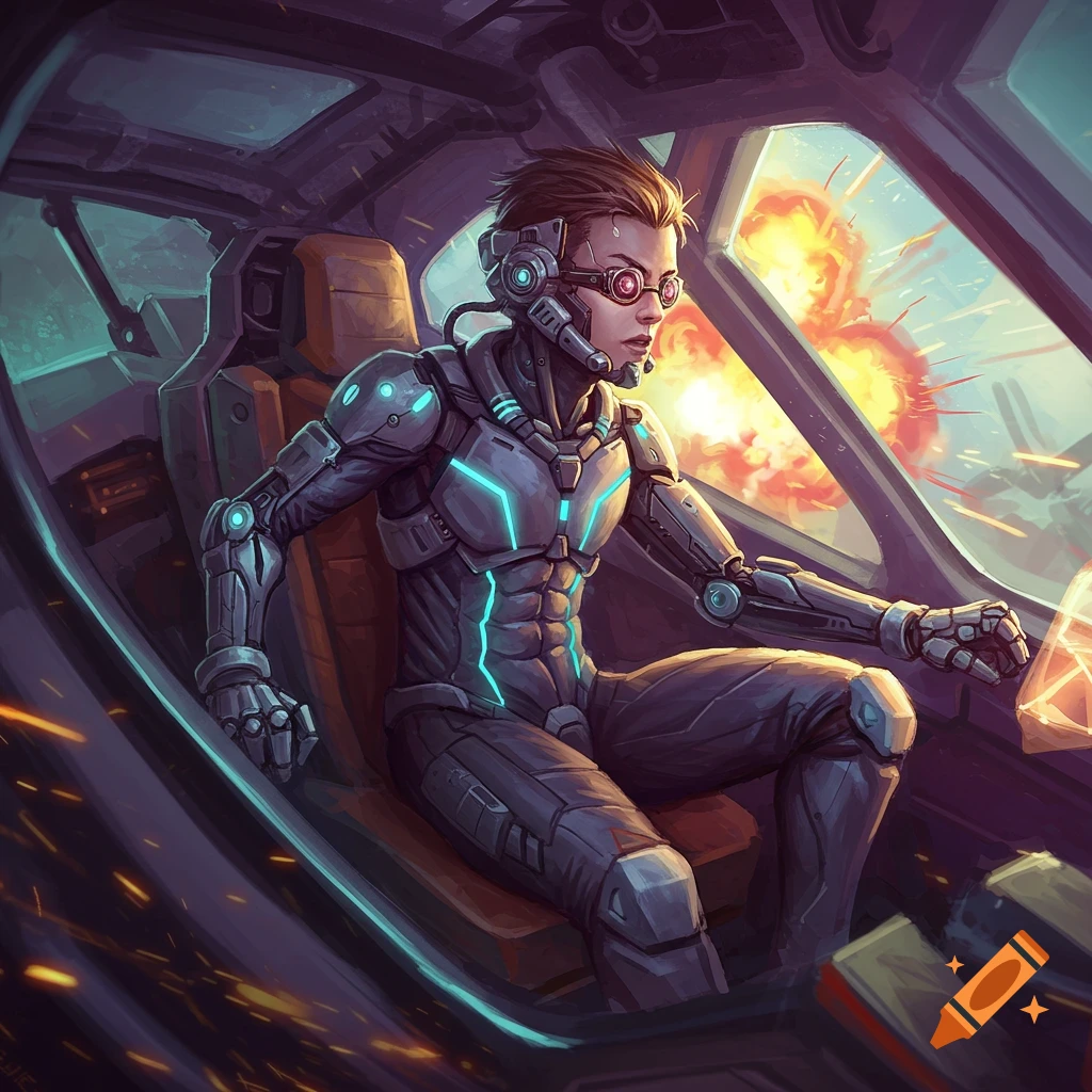 A futuristic mecha pilot in a cockpit with glowing blue lights, looking out at explosions in a sci-fi battle.