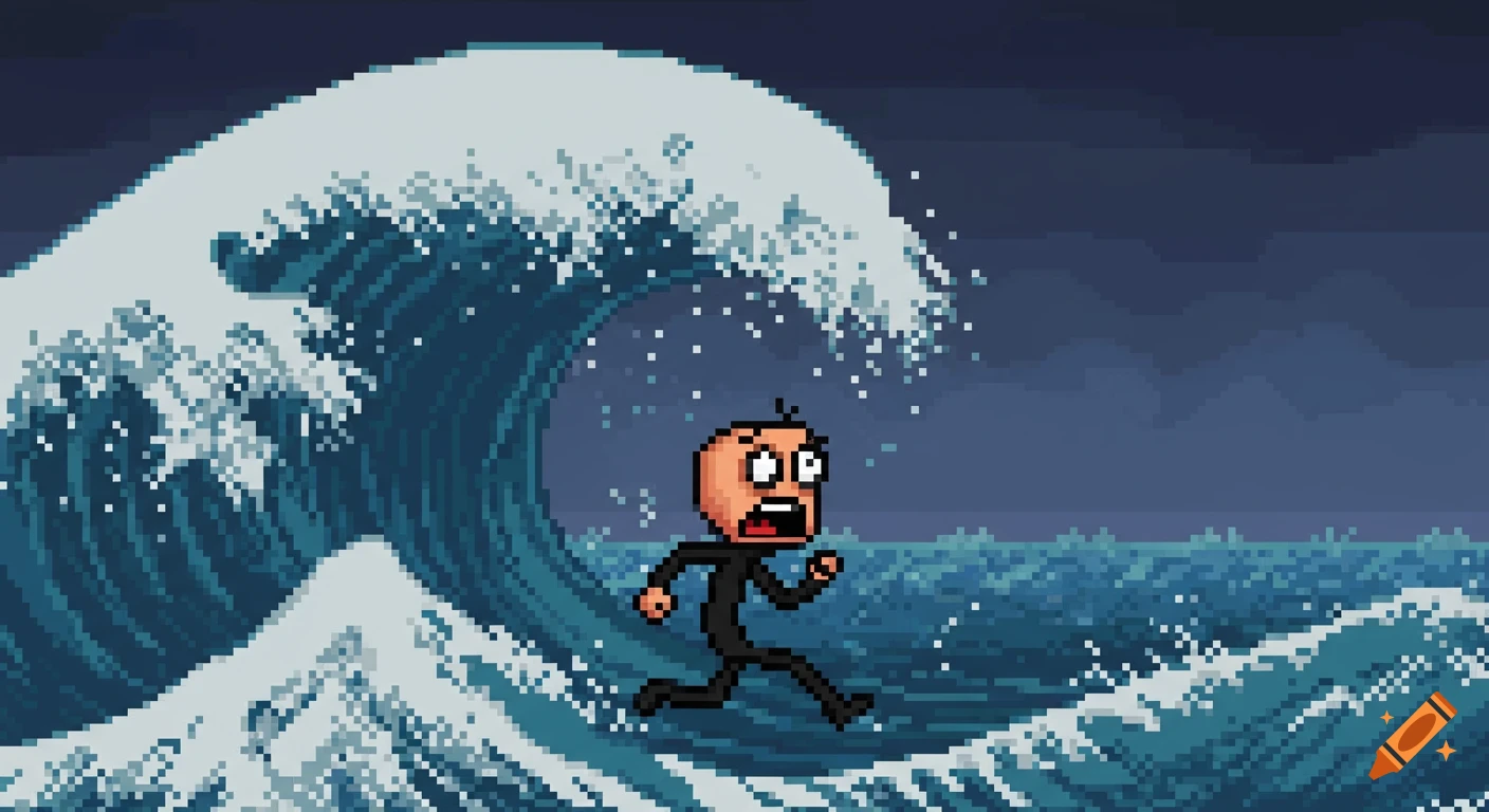 A terrified pixel art stickman runs from a large tsunami wave in an 8-bit retro style.