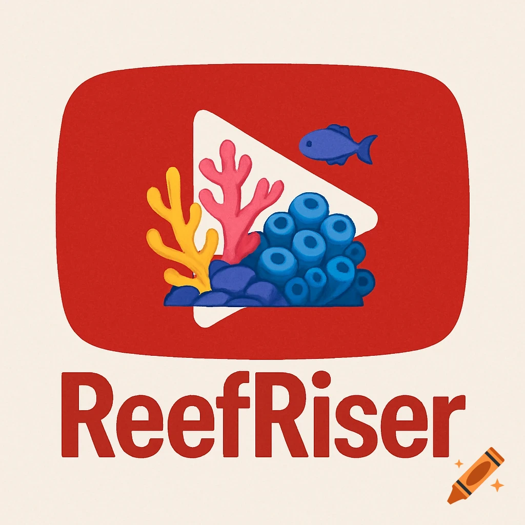 A cartoon-style logo with a red YouTube play button icon, featuring colorful coral and a blue fish inside, with the text "ReefRiser" below.