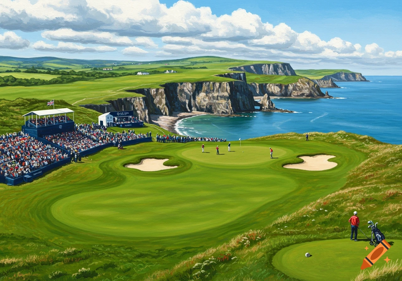 A painted landscape of a golf course by the sea with rocky cliffs, a ...