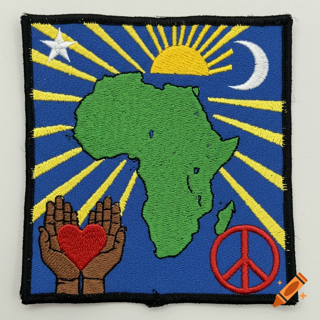 An embroidered patch with a green map of Africa, sun rays, a white moon, a white star, two brown hands holding a red heart, and a red peace sign, on a royal blue background.