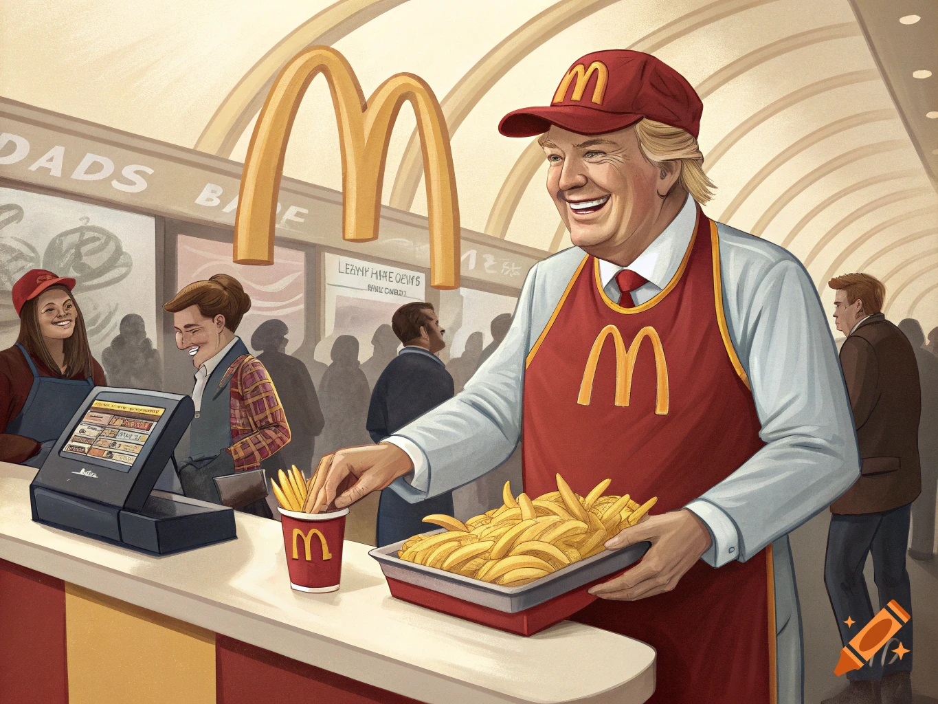 Illustration of Donald Trump smiling while serving french fries at a McDonald's counter, wearing a red uniform with the McDonald's logo.