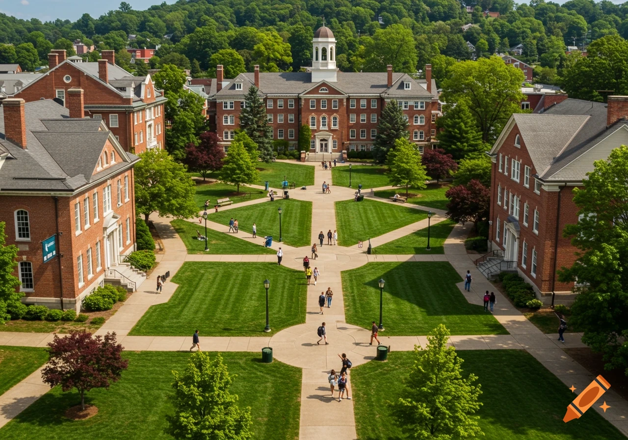 Aerial view of a college campus with red brick buildings, green lawns, and students walking on pathways.