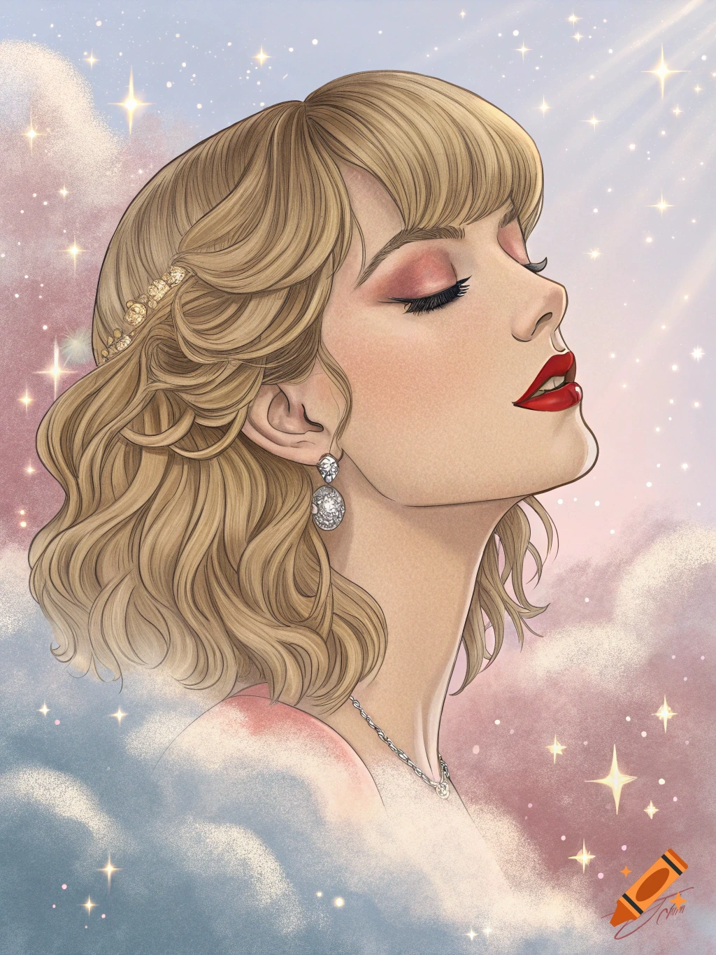 Animated portrait of a blonde woman with red lipstick and wavy hair, eyes closed, floating in a dreamy pastel sky with stars and clouds.