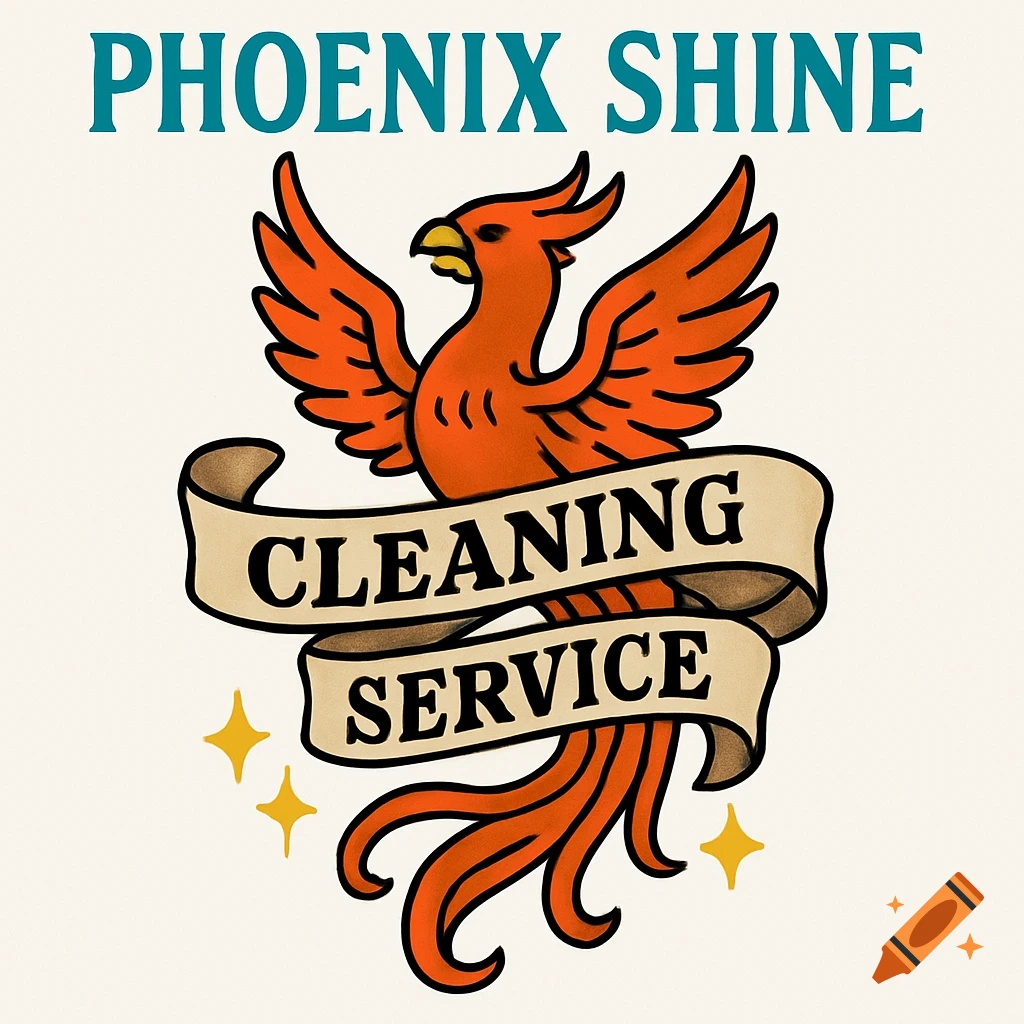 A tattoo-style logo for Phoenix Shine Cleaning Service, featuring an orange phoenix with a ribbon banner and text.