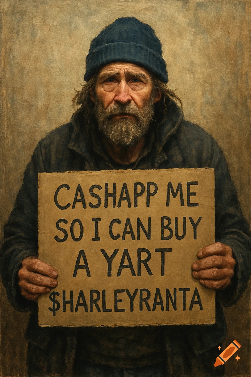A somber bearded man in a knit cap holds a sign that reads 'CASHAPP ME SO I CAN BUY A YART $HARLEYRANTA' in a realistic painted style.