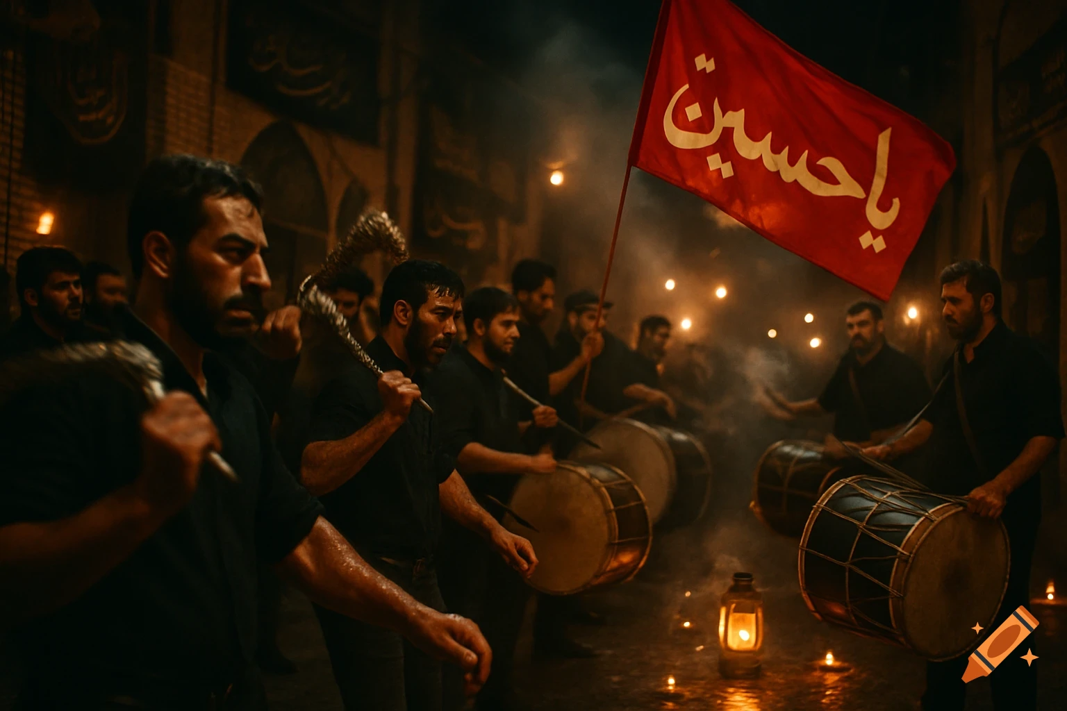 Men in black participate in a Muharram procession at night, with drums, chains, and a red flag reading 'Ya Hussain' under warm lantern light in a street.