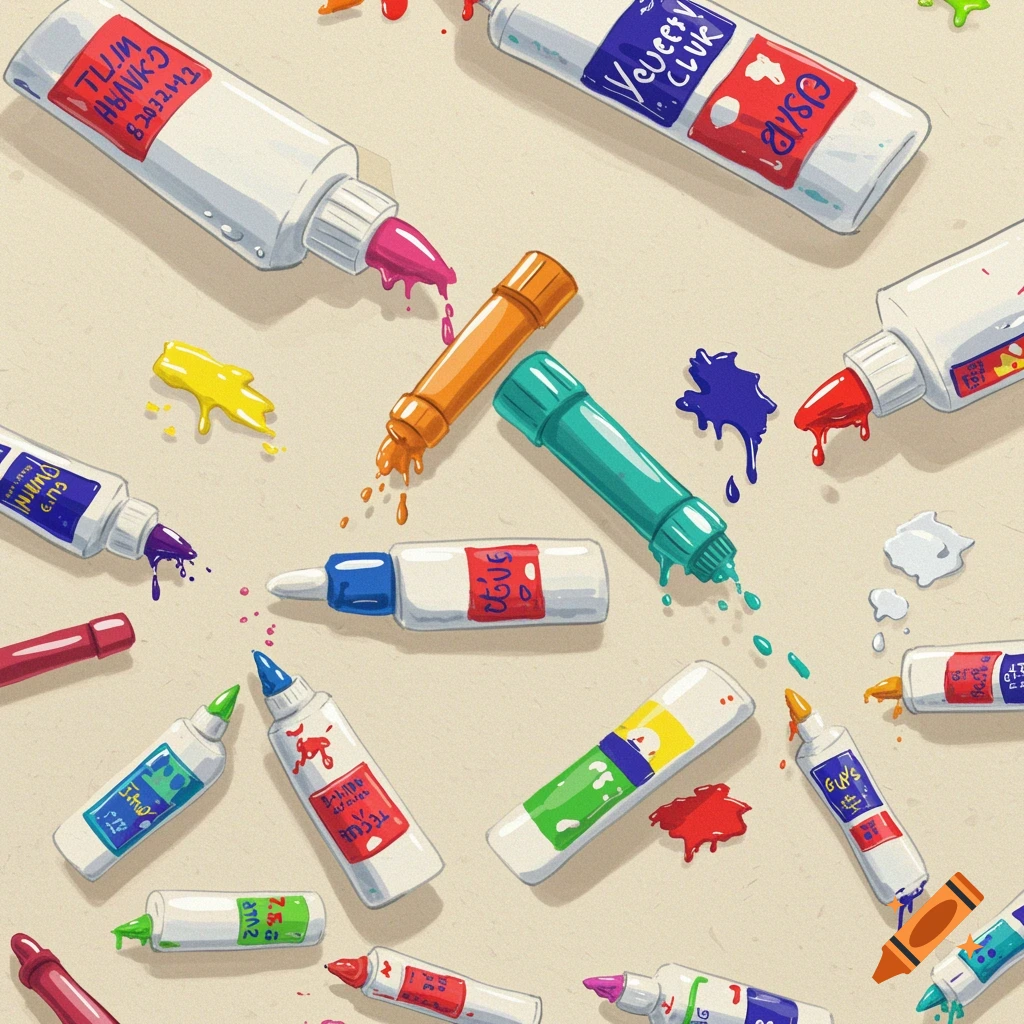 A top-down view of several white glue bottles with colorful labels and spilled liquid glue, scattered on a light-colored surface.