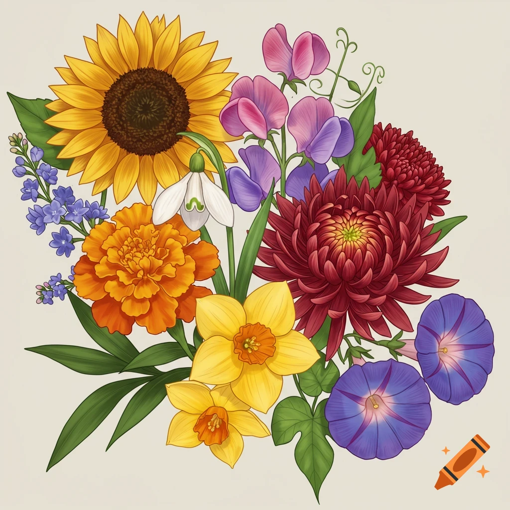 A vibrant bouquet of sunflowers, sweet peas, chrysanthemums, snowdrops, marigolds, daffodils, and morning glories in an illustrative style.