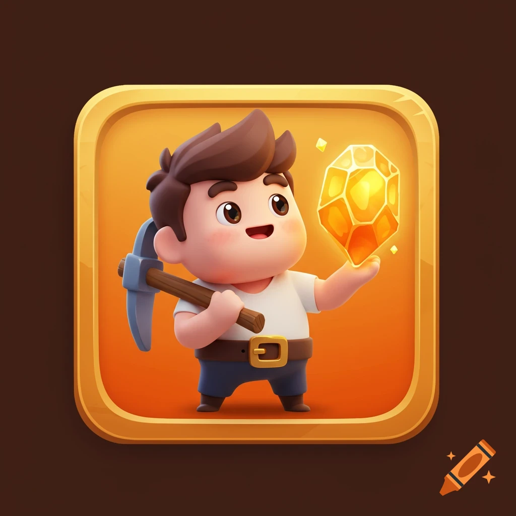 A cute cartoon miner character with a pickaxe, holding a glowing amber gem on a gold-framed orange background.