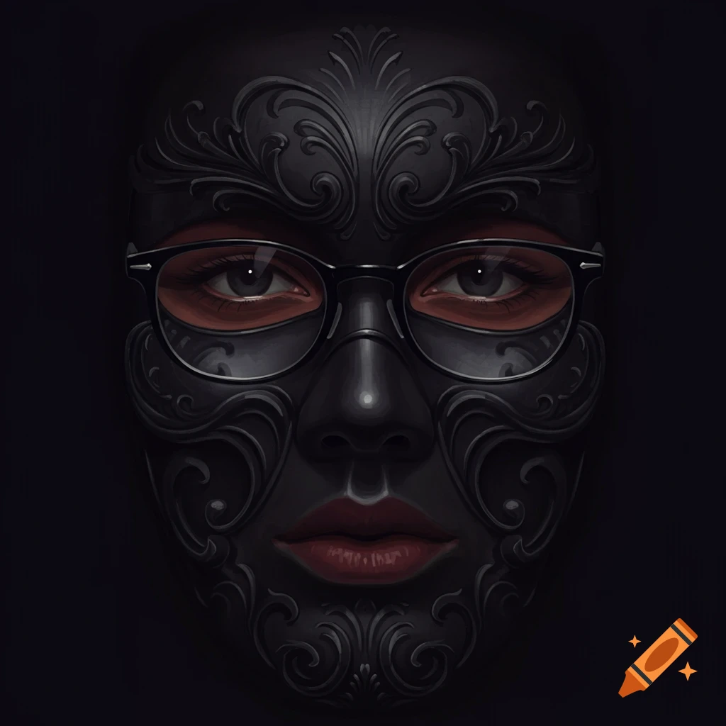 Close-up illustration of a face wearing a black ornate mask and eyeglasses.