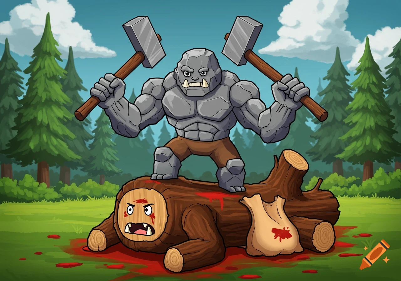 A cartoon rock monster with hammers stands on a defeated, bloody timber monster in a forest.