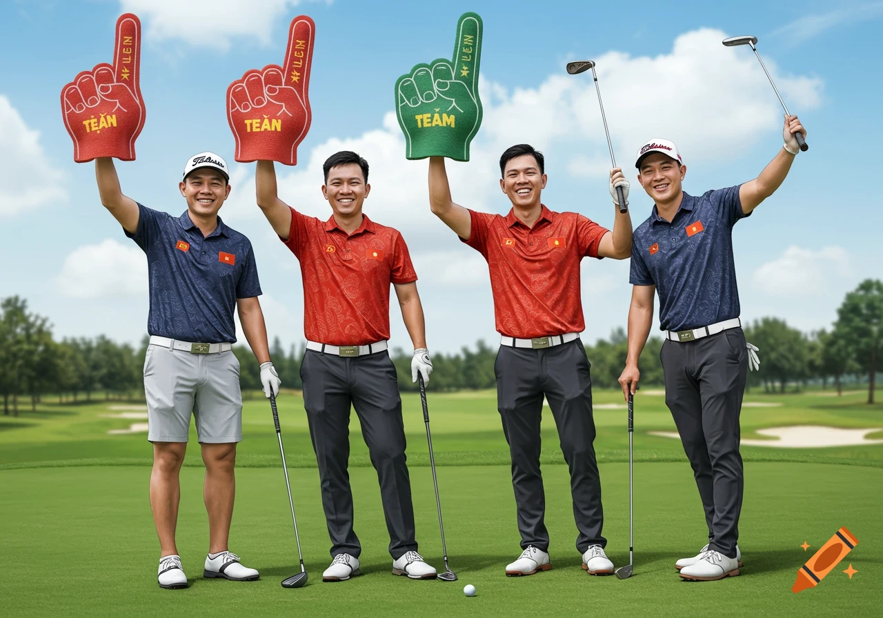 Four smiling male Vietnamese golfers on a green course, holding up large foam supporter hands.