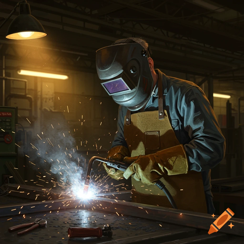A welder in a helmet and gloves sparks as they work on metal in a dimly lit workshop.