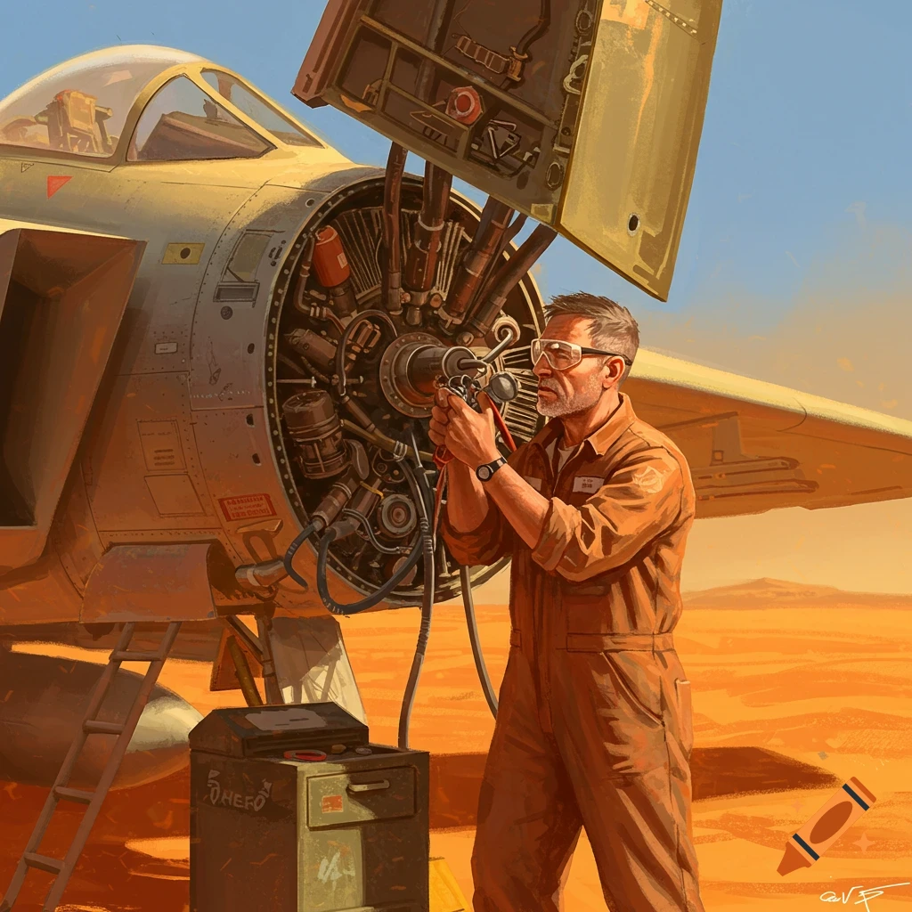 A male aircraft mechanic in an orange jumpsuit works on a jet engine in a sunny desert landscape, stylized illustration.