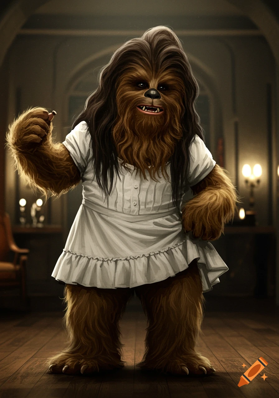 A wookiee, similar to Chewbacca, with long dark hair, wearing a white ruffled dress, standing in a dim room with wooden floors.