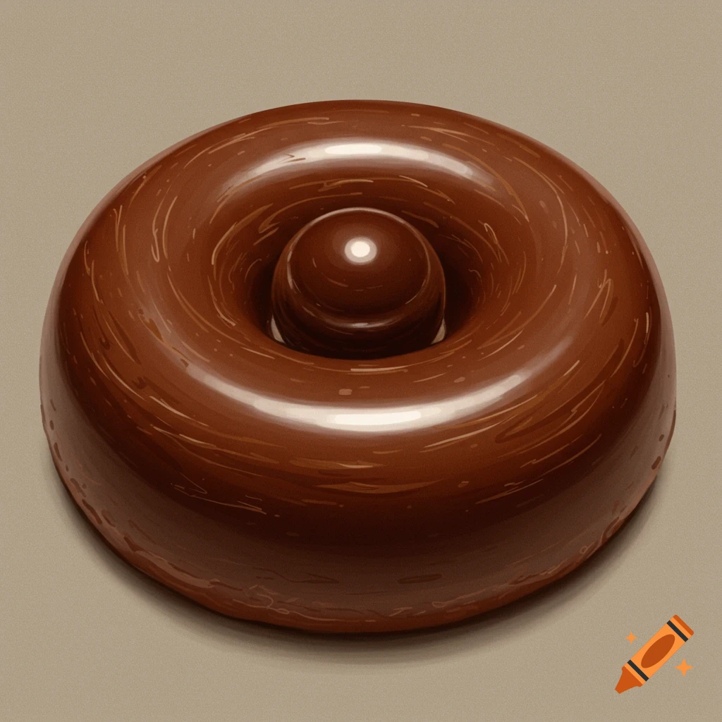A glossy dark brown chocolate piece shaped like a donut with a raised sphere in the center on a light brown background.