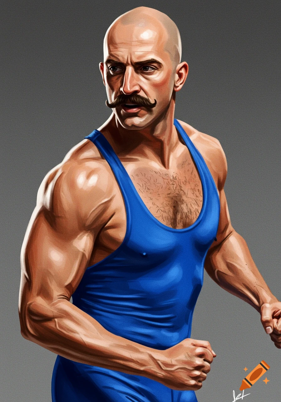 A stylized illustration of a bald, muscular man with a prominent mustache, wearing a blue wrestling singlet, looking to the side.