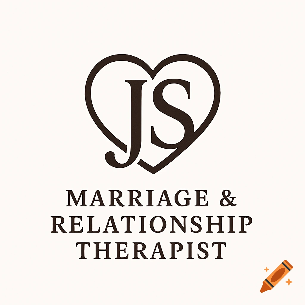 A professional logo with brown initials JS inside a heart, and the text 'MARRIAGE & RELATIONSHIP THERAPIST' below on a light background.