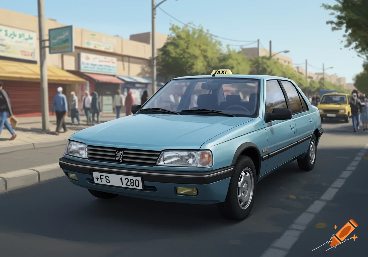 A light blue Peugeot 405 taxi is on a city street, with people and buildings in the background, in a painted style.