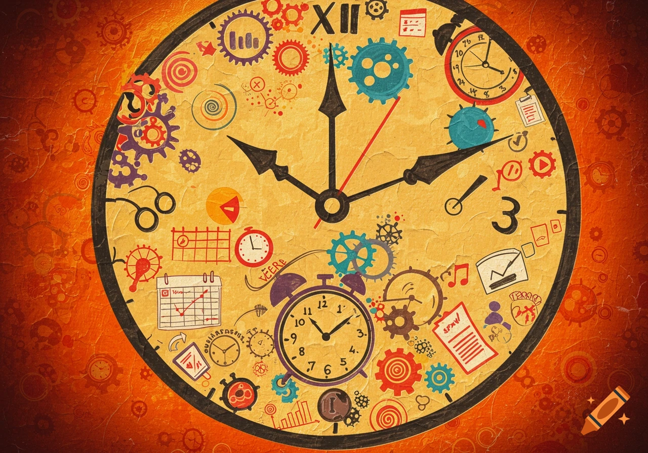 An abstract, textured illustration of a clock face filled with various colorful icons representing time management, planning, and organization.