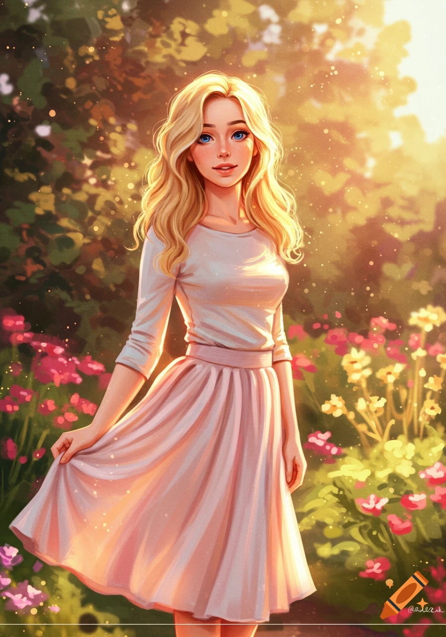 A digital art illustration of a blond woman in a light dress standing in a sunny garden with pink and yellow flowers.