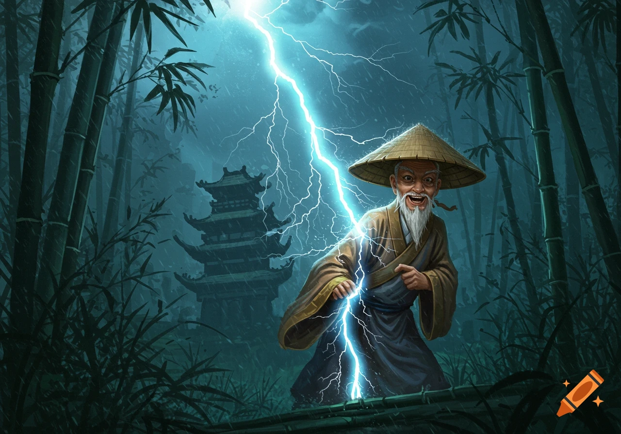 An old Chinese man in a straw hat and robe stands in a dark bamboo forest, illuminated by a striking lightning bolt, with a pagoda in the background.