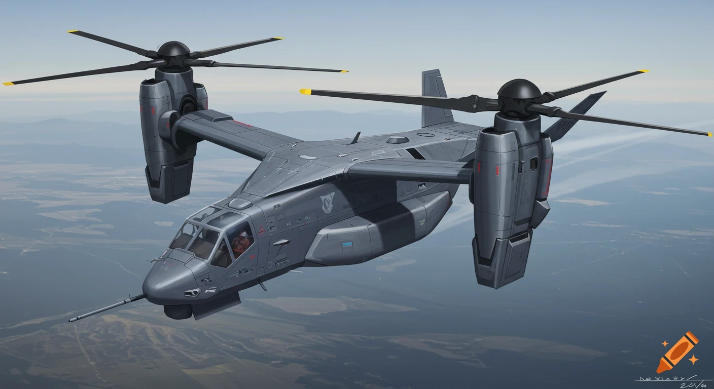 A gray, angular, futuristic military tiltrotor aircraft with stealth features flies over a landscape.