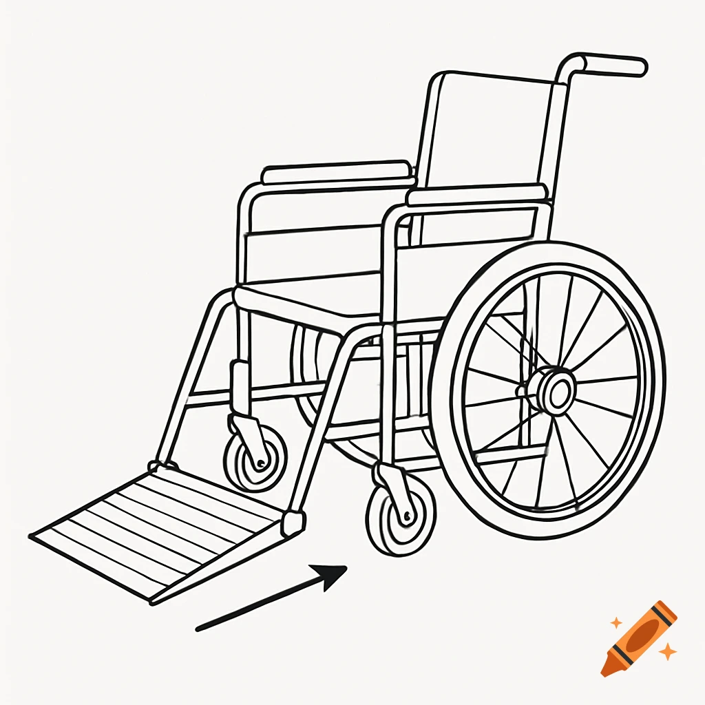 A line drawing of a wheelchair with a small ramp extending from its front, and an arrow indicating forward movement.
